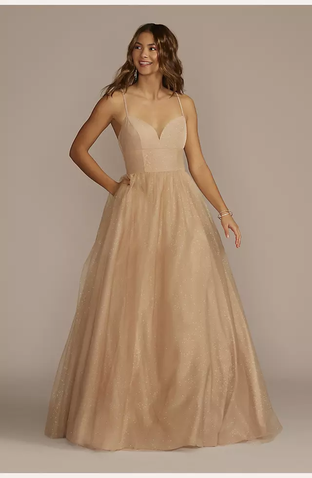 Lace-Up Glitter Tulle V-Neck Ball Gown Image