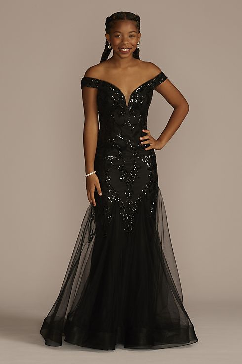 Off-the-Shoulder Sequin Tulle Mermaid Dress Image 1