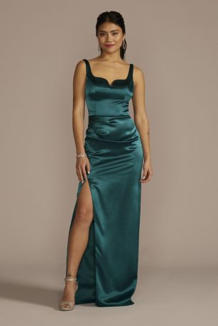 Notch Neck Textured Satin Sheath Dress with Slit | David's Bridal