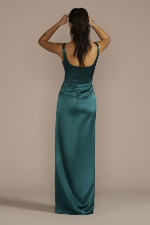 Notch Neck Textured Satin Sheath Dress with Slit