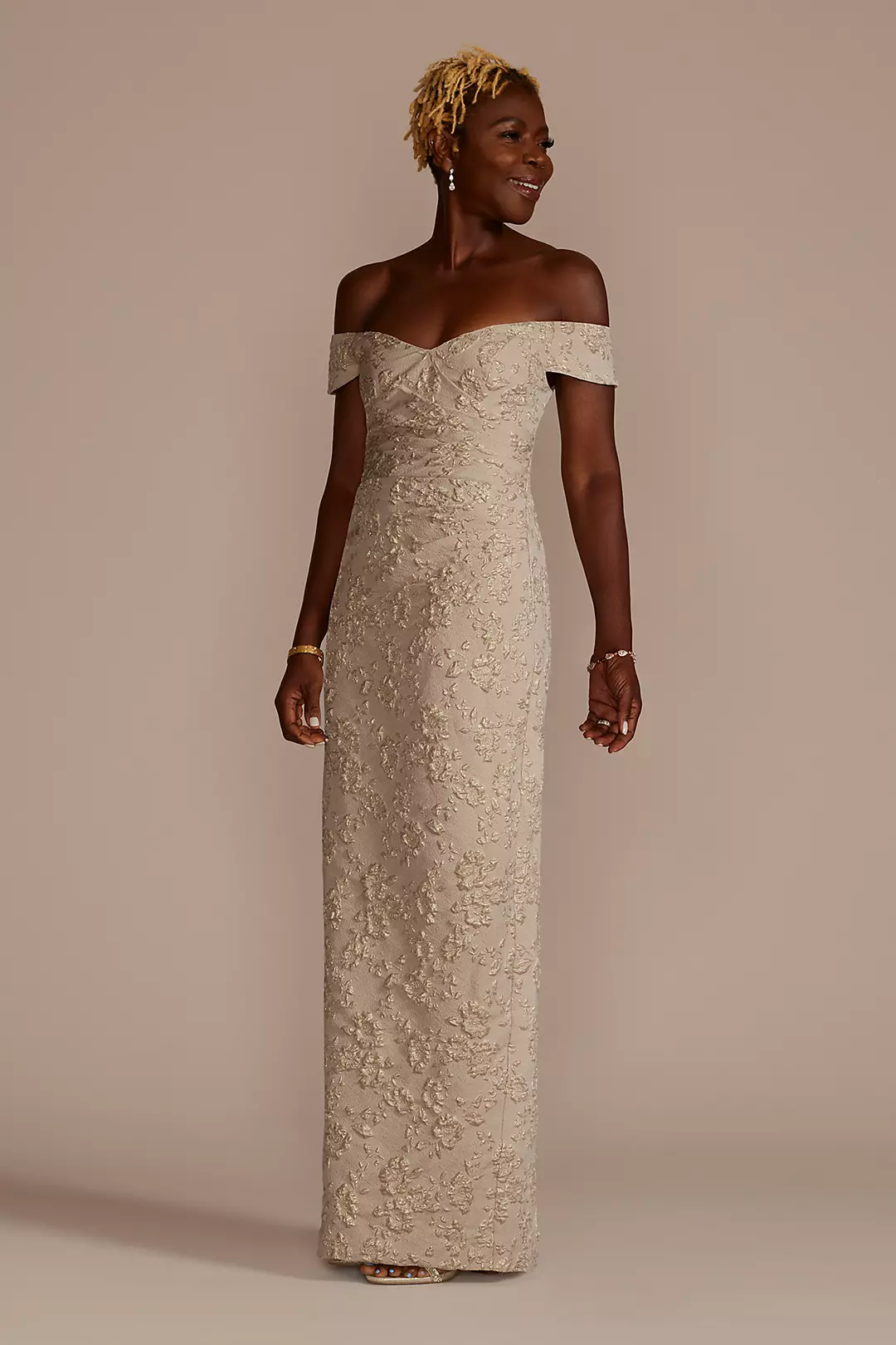 Off-the-Shoulder Stretch Metallic Jacquard Dress | David's Off-the-Shoulder Stretch Metallic Jacquard Dress | David's