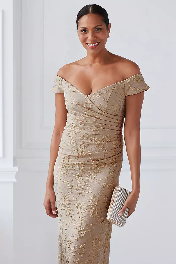 Off-the-Shoulder Stretch Metallic Jacquard Dress | David's Off-the-Shoulder Stretch Metallic Jacquard Dress | David's