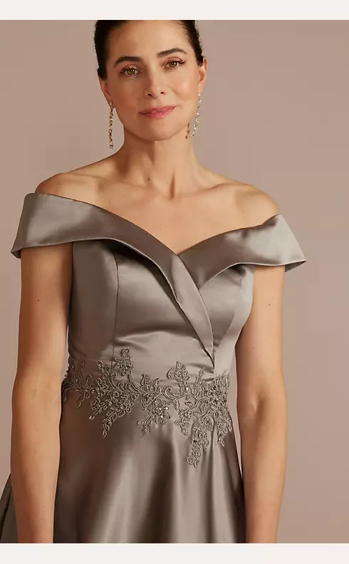 Embroidered Off-the-Shoulder Satin A-Line Dress Image 3