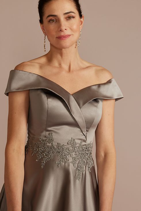 Embroidered Off-the-Shoulder Satin A-Line Dress Image 3