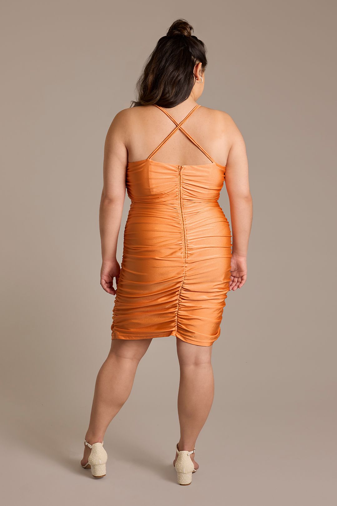 Short V-Neck Ruched Stretch Satin Dress Image 2