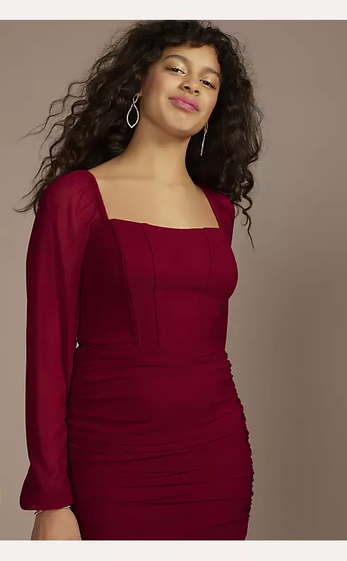 Bijoux Red Mesh Long Sleeve Ruched Corset Mini Dress