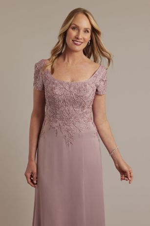 Short Sleeve Embroidered Satin A-Line Dress | David's Bridal