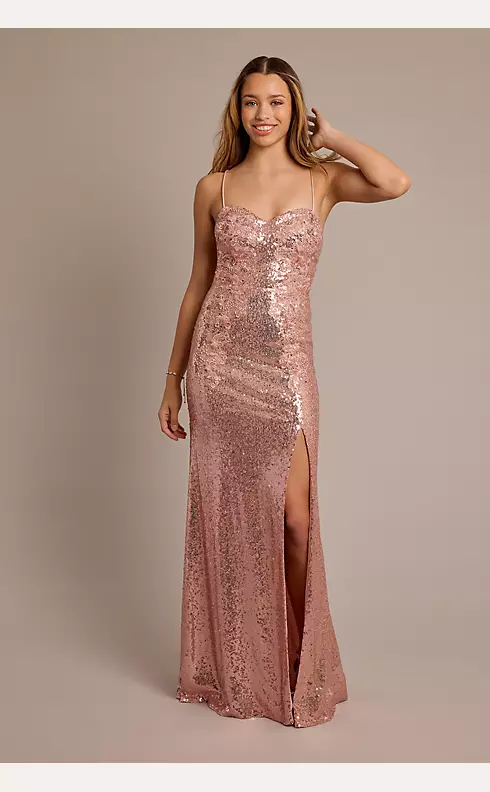Sequin Sheath Dress with Floral Appliques Image 1