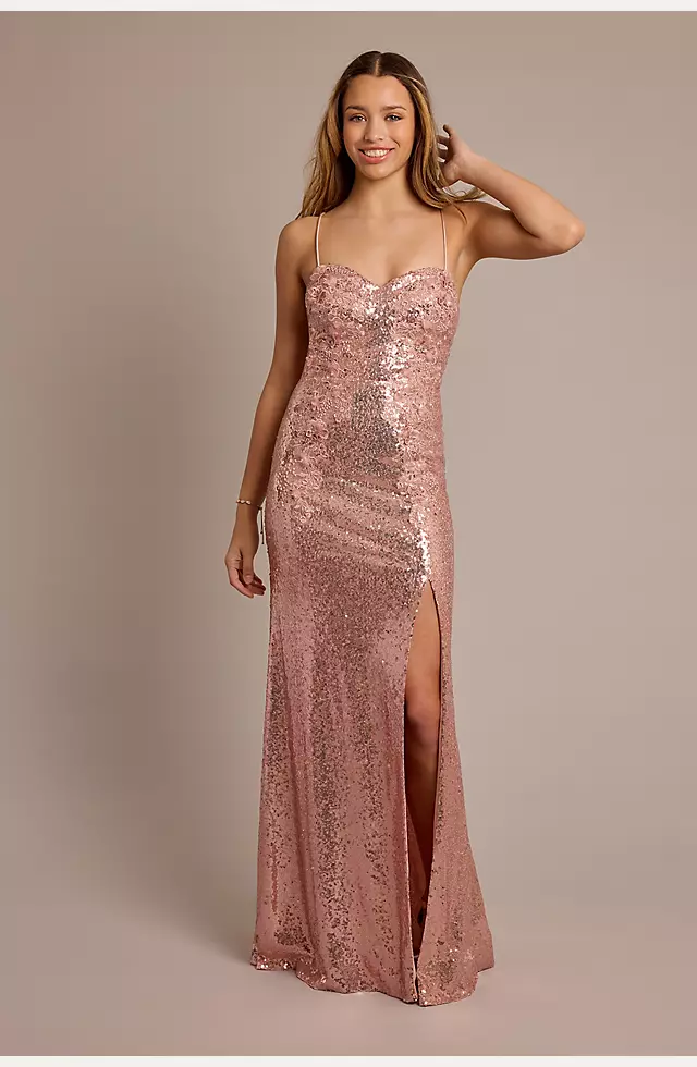 Sequin Sheath Dress with Floral Appliques Image