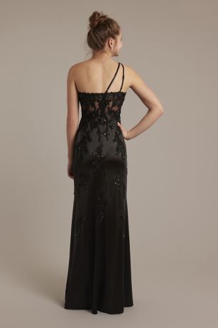 One-Shoulder Illusion Corset Applique Sheath | David's Bridal