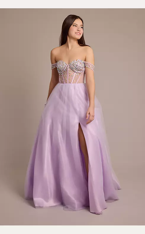 Off-the-Shoulder Illusion Encrusted Ball Gown Image 1