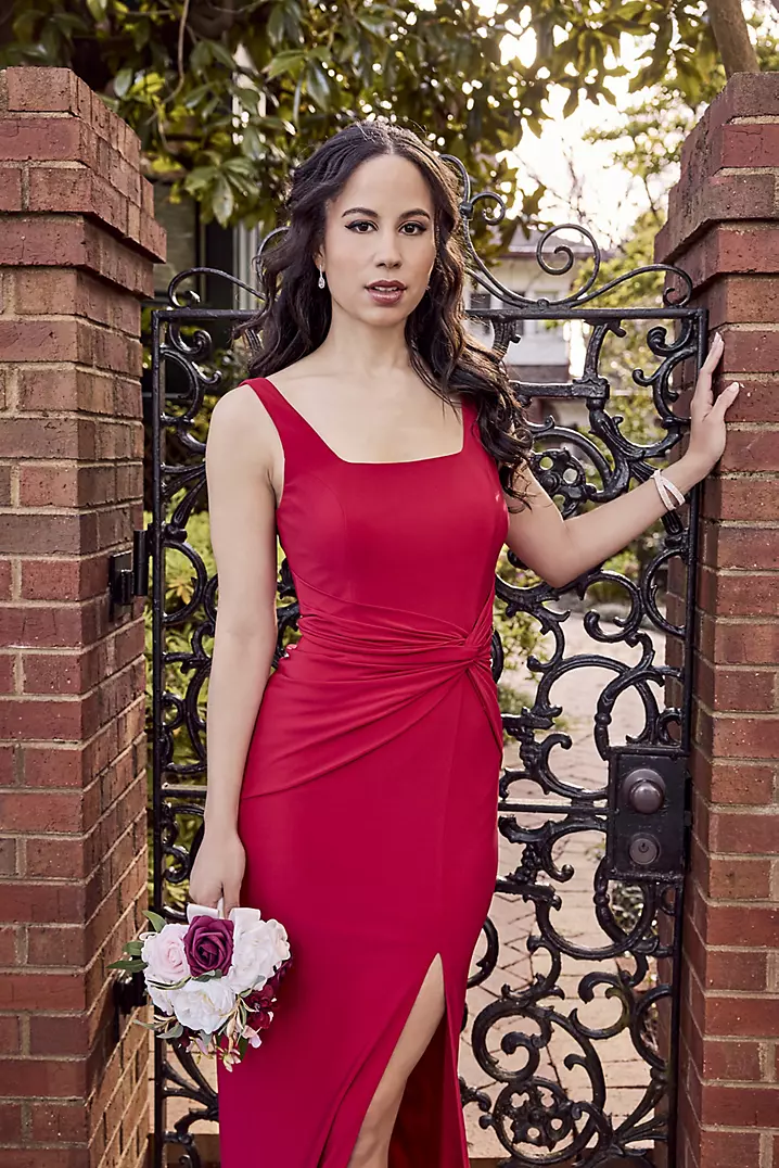Jersey Knotted Tank Sheath Dress | David's Bridal Jersey Knotted Tank Sheath Dress | David's Bridal