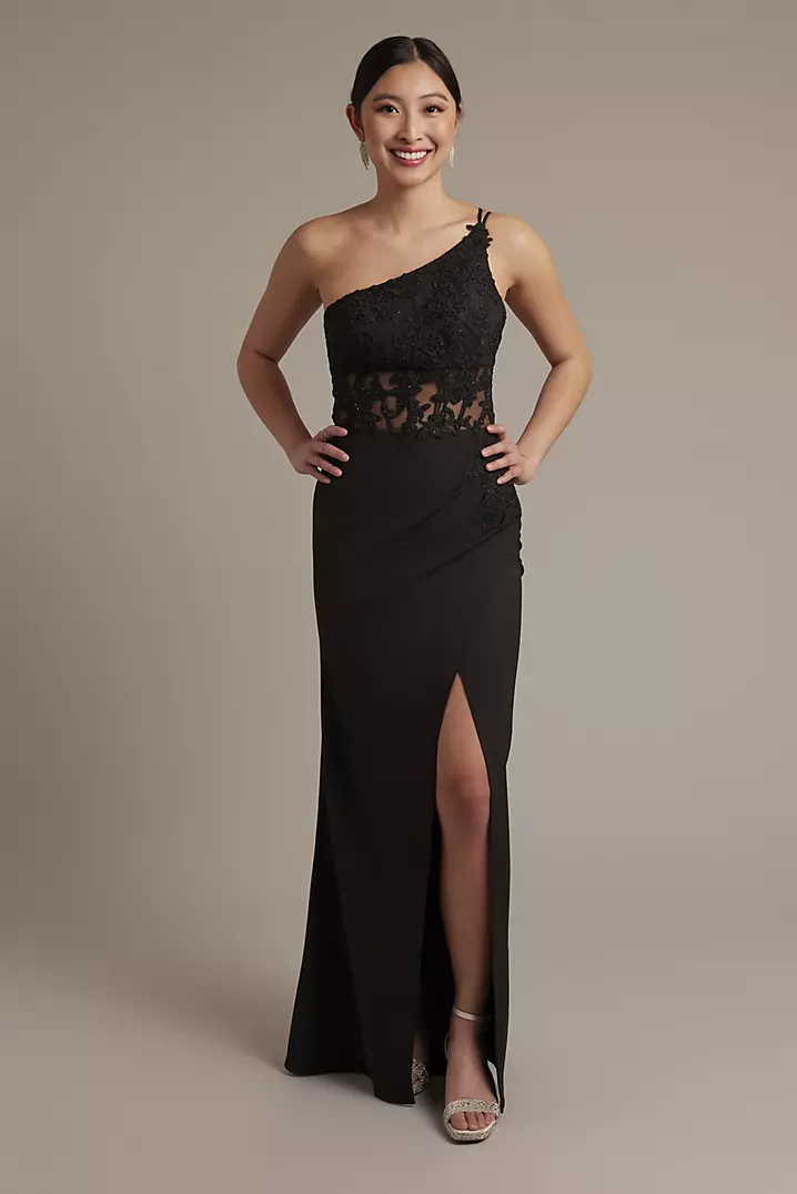 One-Shoulder Sheath Dress with Beaded Appliques | David's Bridal One-Shoulder Sheath Dress with Beaded Appliques | David's Bridal