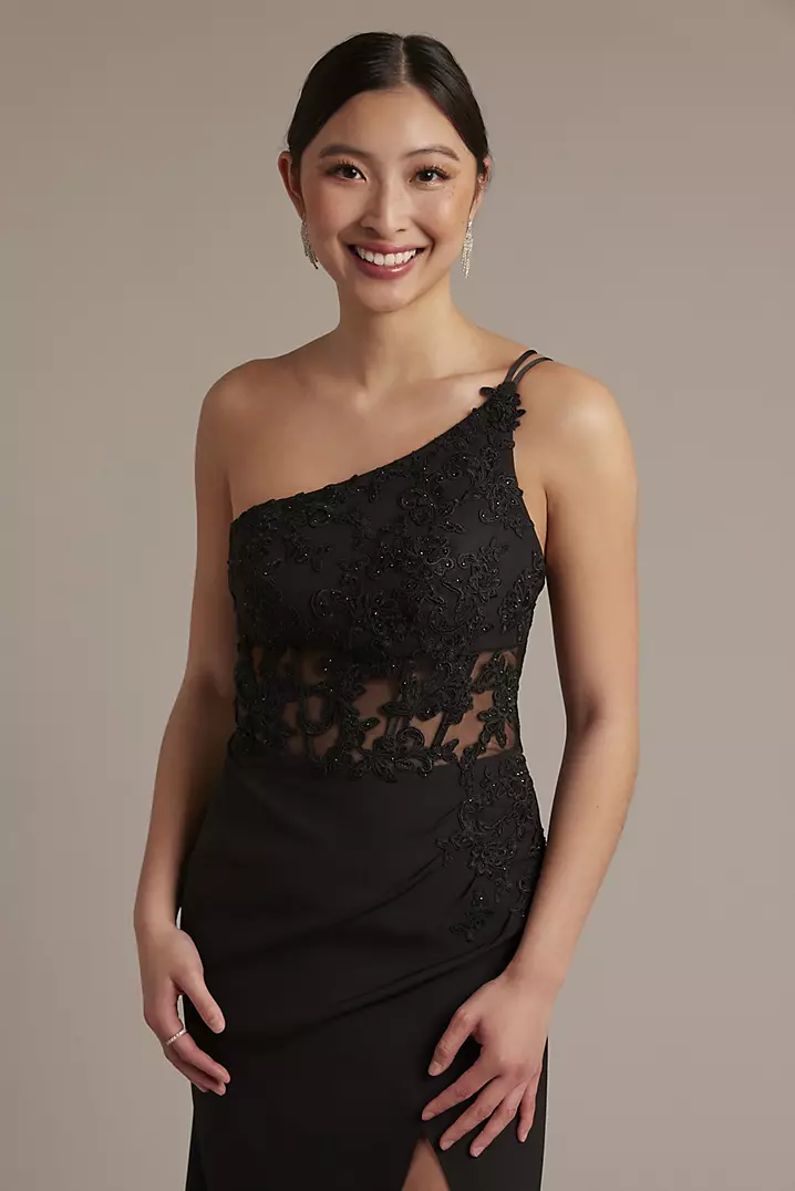 One-Shoulder Sheath Dress with Beaded Appliques | David's Bridal One-Shoulder Sheath Dress with Beaded Appliques | David's Bridal