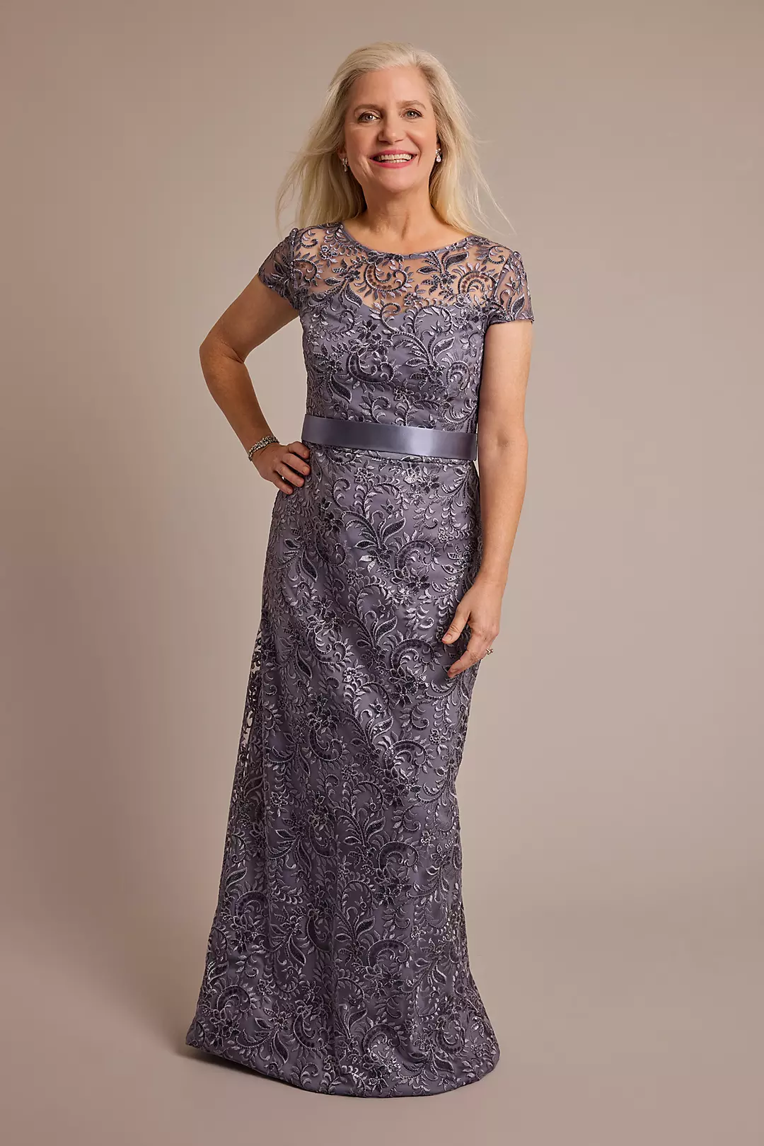 Embroidered Short Sleeve Sheath Dress | David's Bridal Embroidered Short Sleeve Sheath Dress | David's Bridal