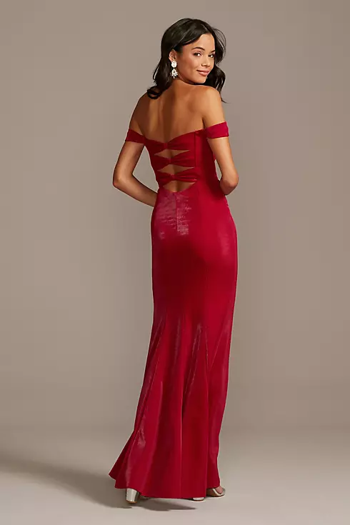 Shiny Off the Shoulder Mermaid Gown with Bow Back Image 2