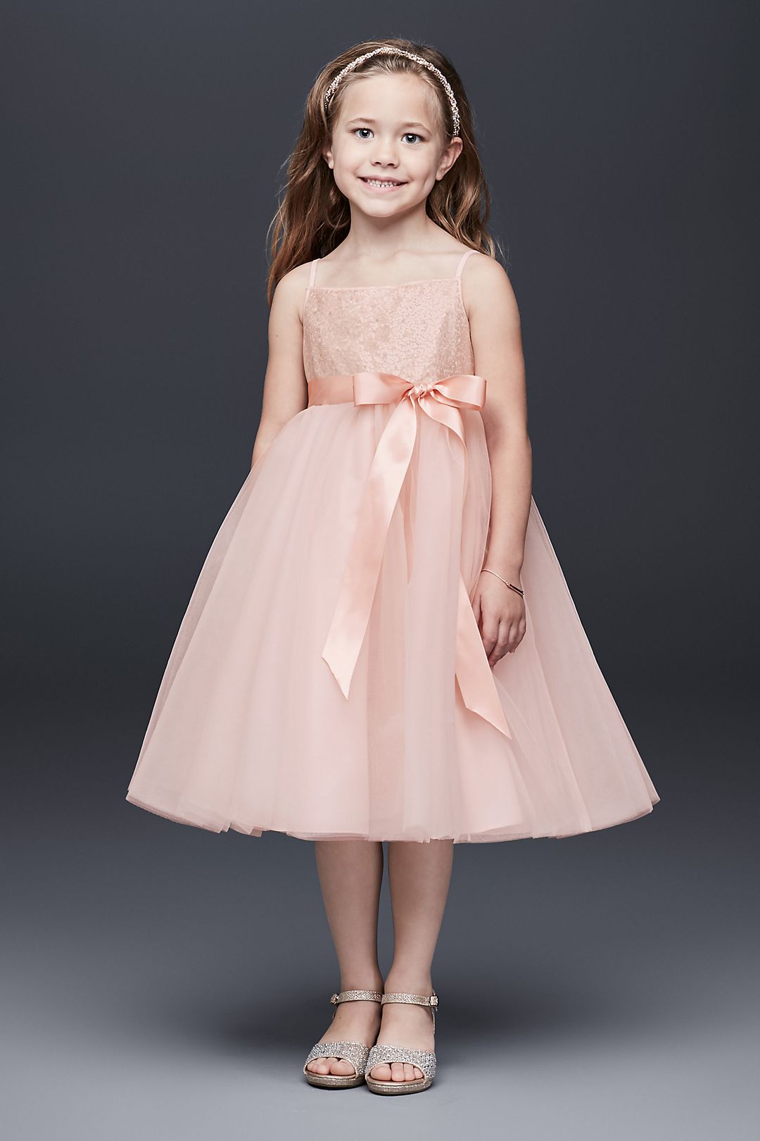 Sequin and Tulle Flower Girl Dress with Satin Sash Image 1