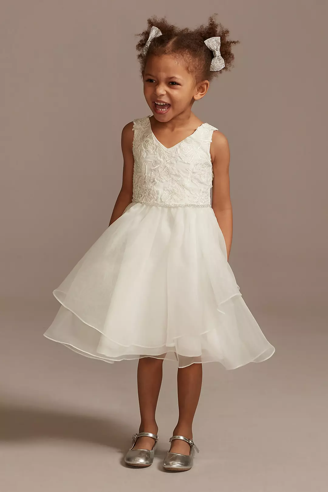 Lace Applique Flower Girl Dress with Tiered Skirt Image