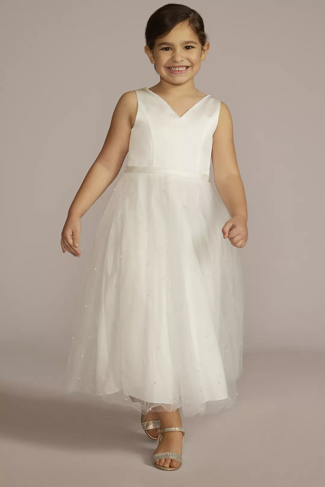 V-Back Tulle Flower Girl Dress with Pearls and Bow | David's Bridal
