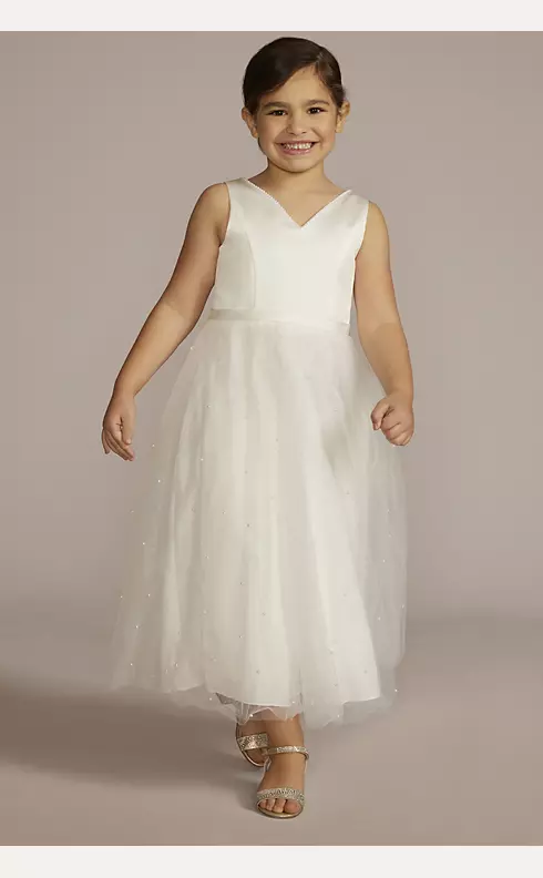V-Back Tulle Flower Girl Dress with Pearls and Bow Image 1
