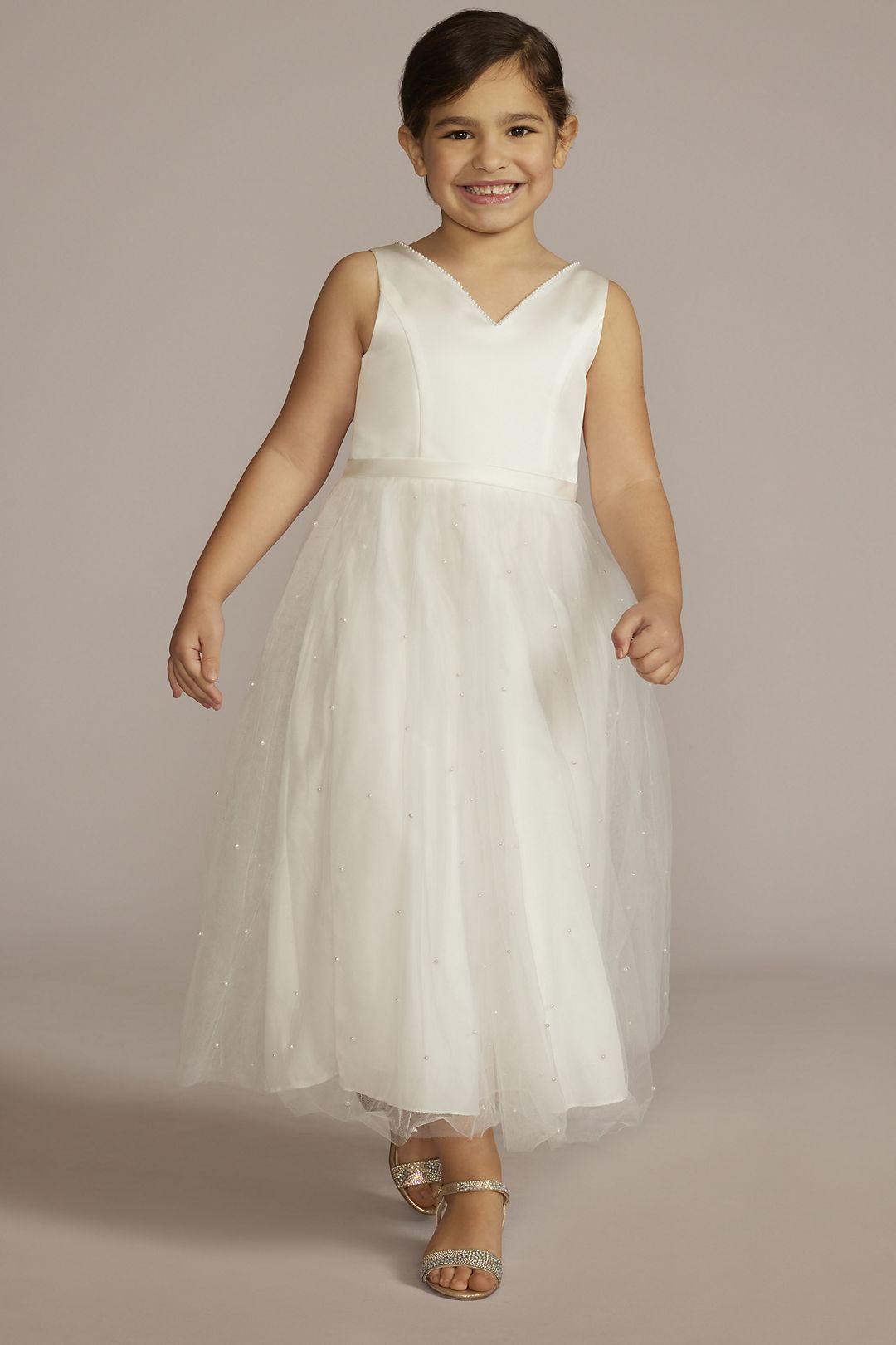 V-Back Tulle Flower Girl Dress with Pearls and Bow Image 1