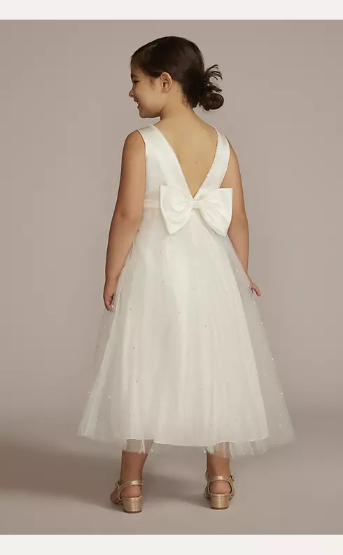V-Back Tulle Flower Girl Dress with Pearls and Bow Image 2
