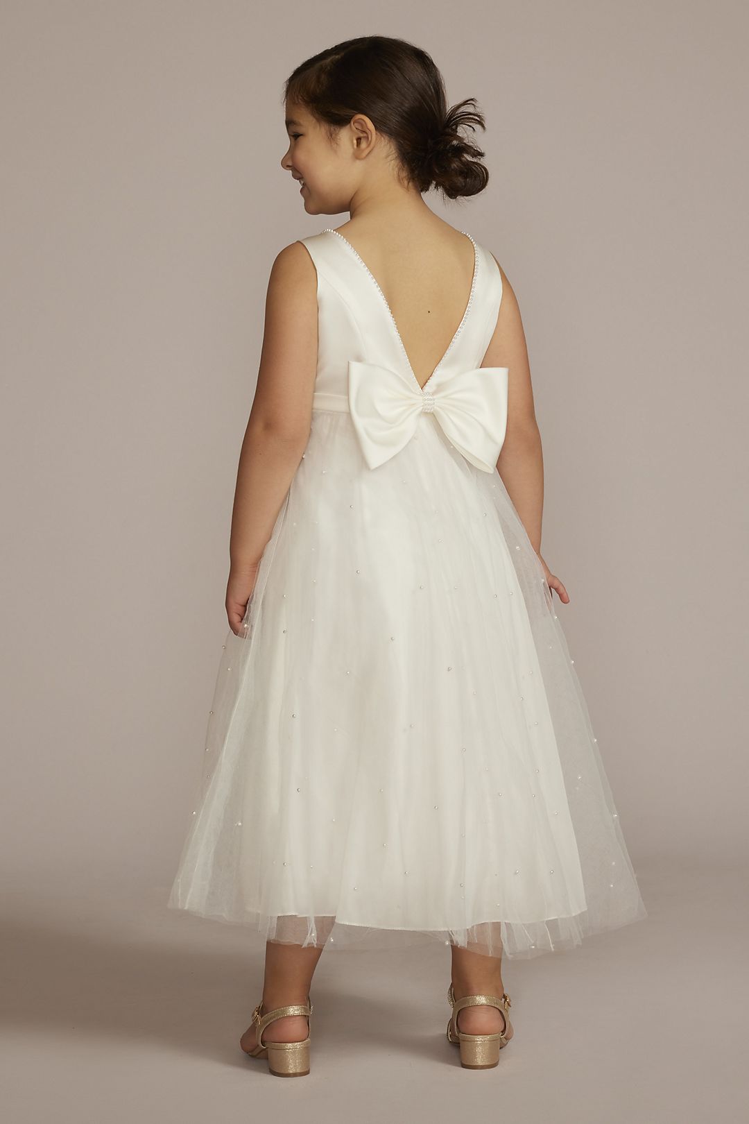 V-Back Tulle Flower Girl Dress with Pearls and Bow Image 2