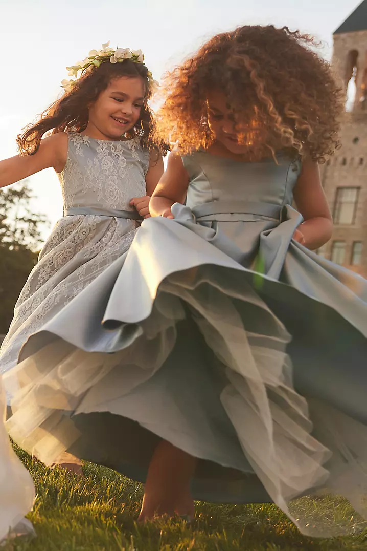 Satin Off-the-Shoulder Flower Girl Dress with Pock | David's Satin Off-the-Shoulder Flower Girl Dress with Pock | David's