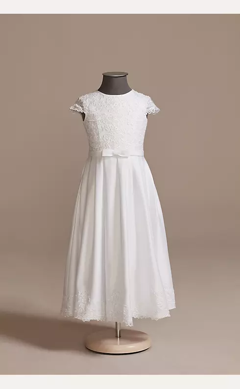 Lace and Satin A-Line Communion Dress with Bow Image 1