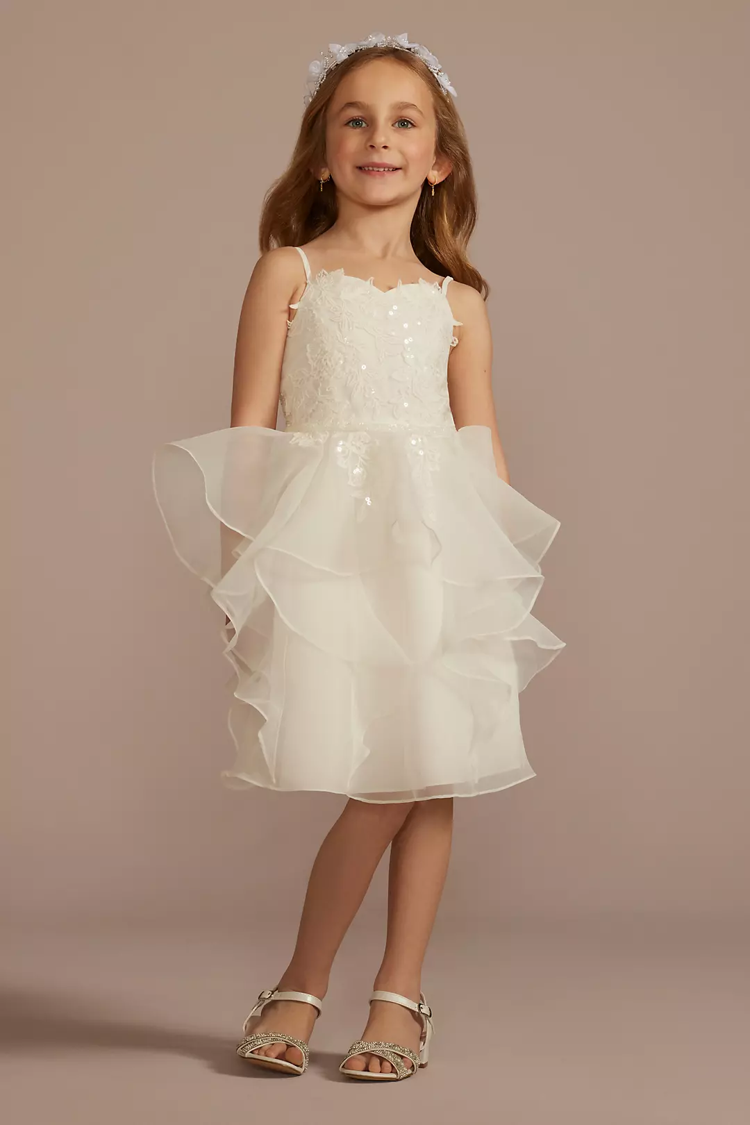 David's Bridal Flower Girl Dress with Tulle and Ribbon Waist OP218 Ivory 24M - Ivory, 24M
