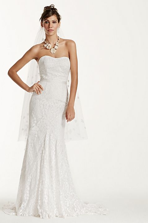 strapless lace gown with ribbon detail david s bridal