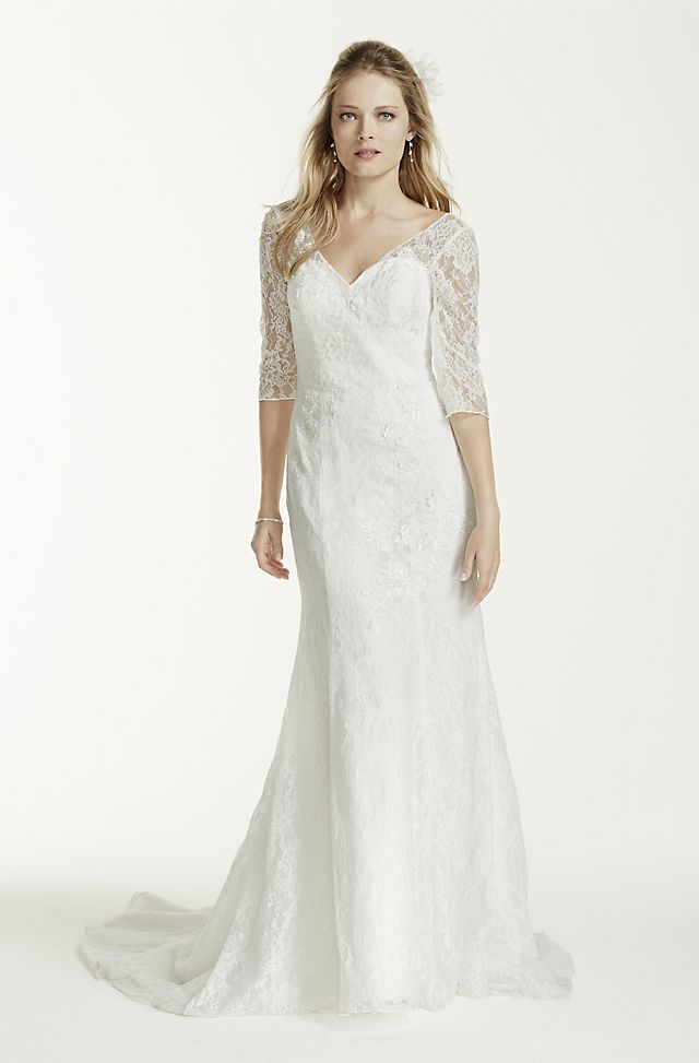 As-Is Petite 3/4 Sleeve Lace Trumpet Wedding Dress Image 1