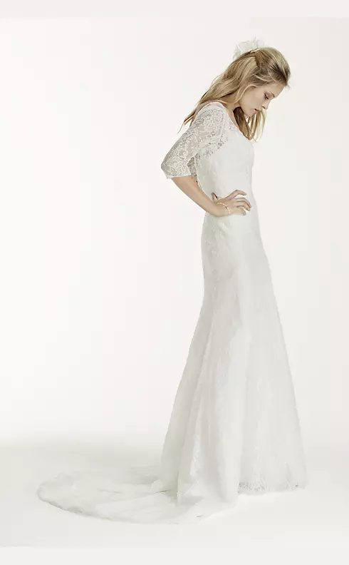 As-Is Petite 3/4 Sleeve Lace Trumpet Wedding Dress Image 3