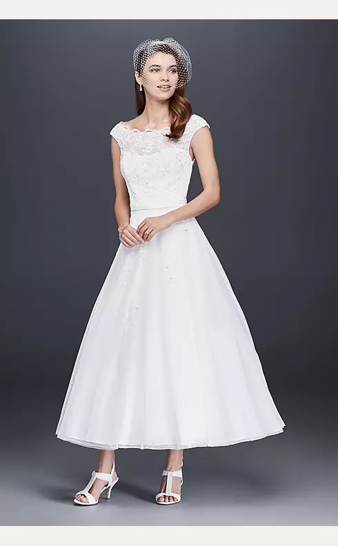 Tea Length Tulle Illusion Neckline Wedding Dress Image 1