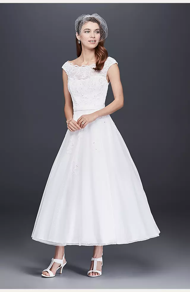 Tea Length Tulle Illusion Neckline Wedding Dress Image