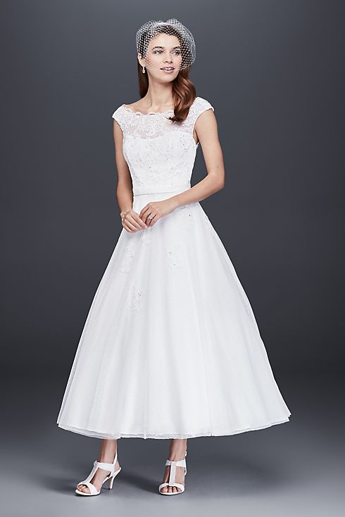 Tea Length Tulle Illusion Neckline Wedding Dress Image 1
