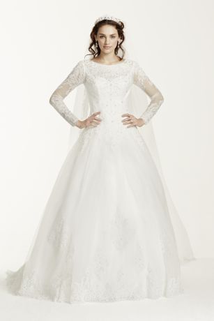 Jewel Long Sleeve Drop Waist Tulle Wedding Dress David s Bridal