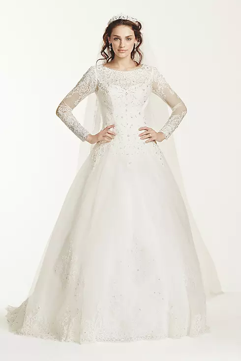 Jewel Long Sleeve Drop-Waist Tulle Wedding Dress Image 1