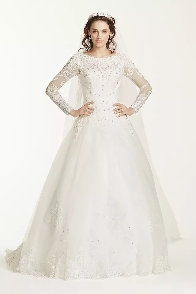 Jewel Long Sleeve Drop-Waist Tulle Wedding Dress Image