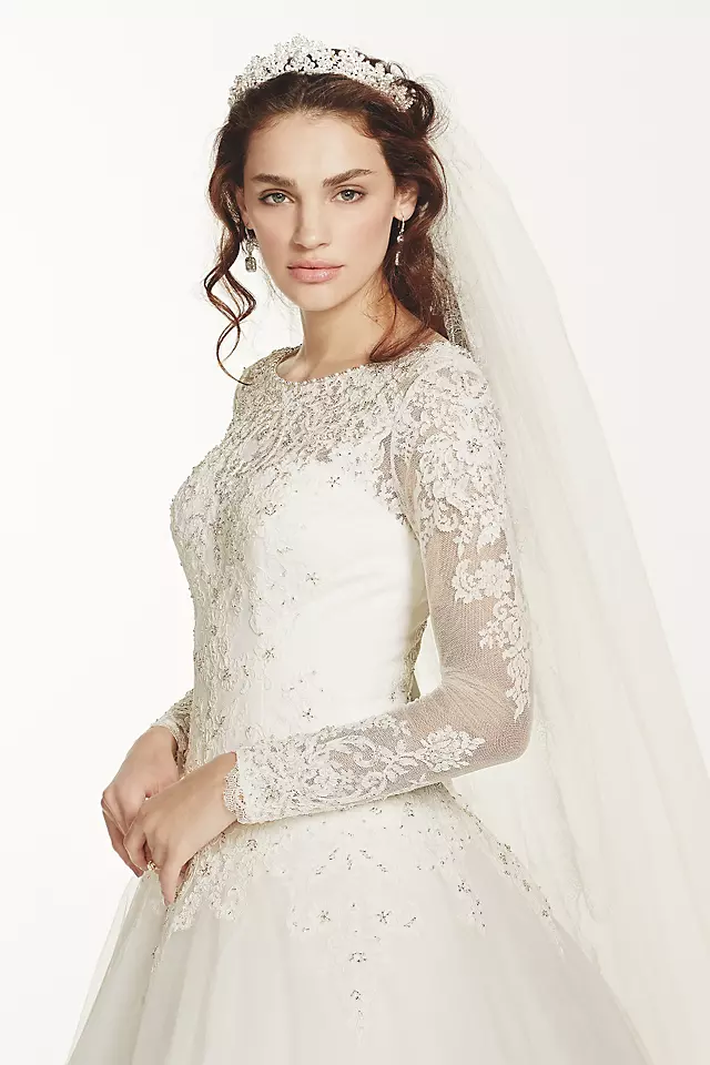 Jewel Long Sleeve Drop-Waist Tulle Wedding Dress Image 4