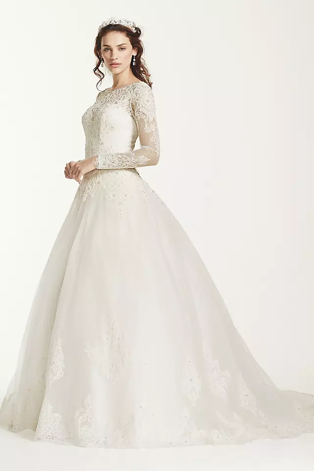 Jewel Long Sleeve Drop-Waist Tulle Wedding Dress Image 3