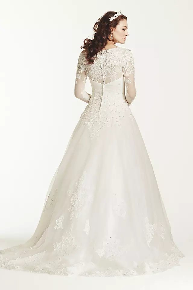 Jewel Long Sleeve Drop-Waist Tulle Wedding Dress Image 2