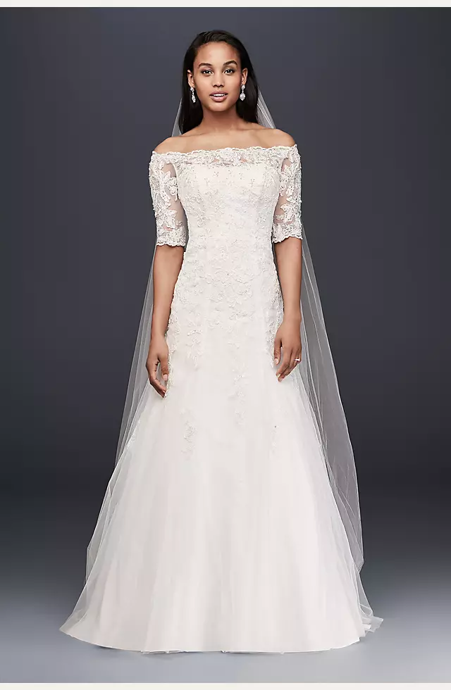 Jewel Off the Shoulder 3/4 Sleeve Wedding Dress  Image