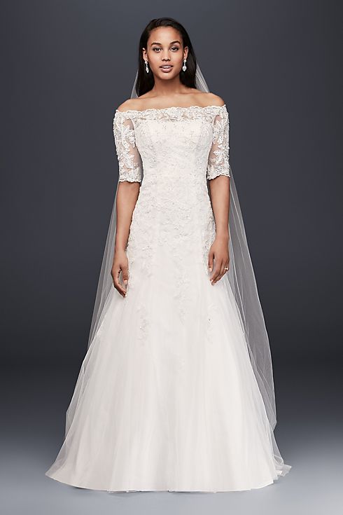 Jewel Off the Shoulder 3/4 Sleeve Wedding Dress  Image 1