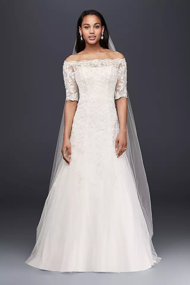 Jewel Off the Shoulder 3/4 Sleeve Wedding Dress  Image