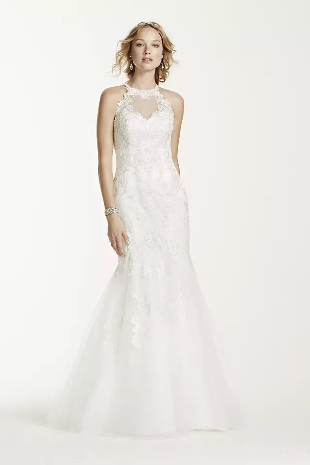 Jewel Lace and Tulle Illusion Neck Wedding Dress  Image