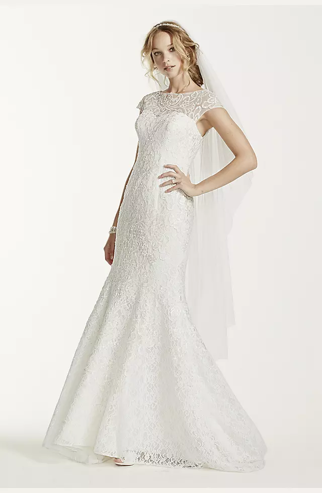 Jewel Lace Cap Sleeved Illusion Neck Wedding Dress Image
