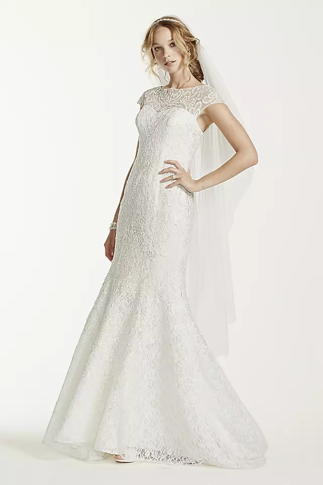 Jewel Lace Cap Sleeved Illusion Neck Wedding Dress Image