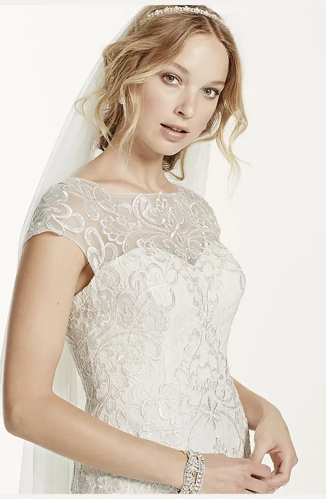 Jewel Lace Cap Sleeved Illusion Neck Wedding Dress Image 5