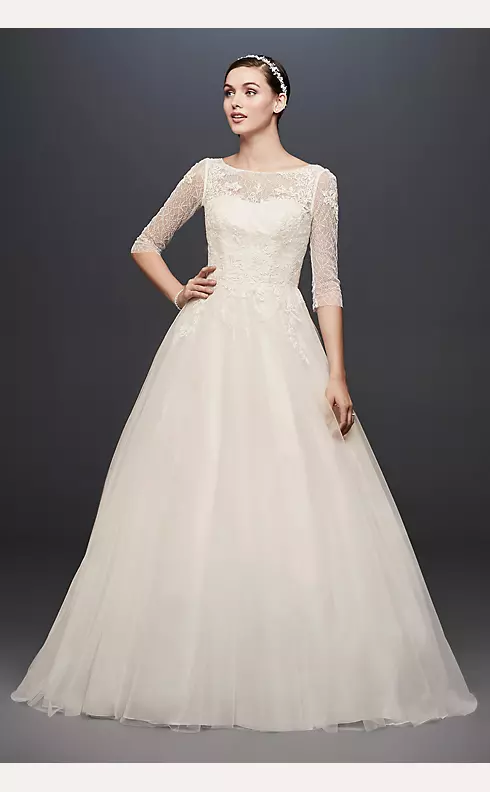 3/4 Sleeve Wedding Dress with Lace and Tulle Skirt Image 1